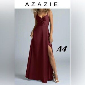 Azazie - Davis, A-Line Pleated Stretch Satin Dress - Cabernet. Size:A4. (1612)